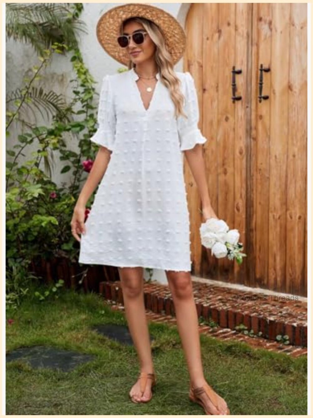 V Neck Ruffle Short Sleeve Shift Dress - Women's Casual Summer Mini Dress - Picture 6 of 7
